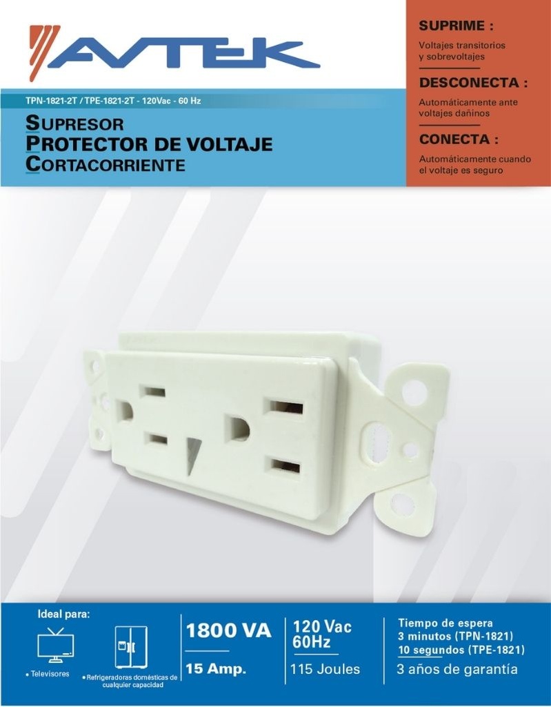 PROTECTOR DE VOLTAJE, SUPRESOR DE PICOS 1800 VA/W 115 JOULES AVTEK (copia)